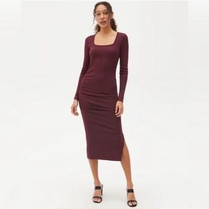 Michael Stars Natalie Ruched Midi Dress Square Neck Long Sleeve Burgundy Size‎ L